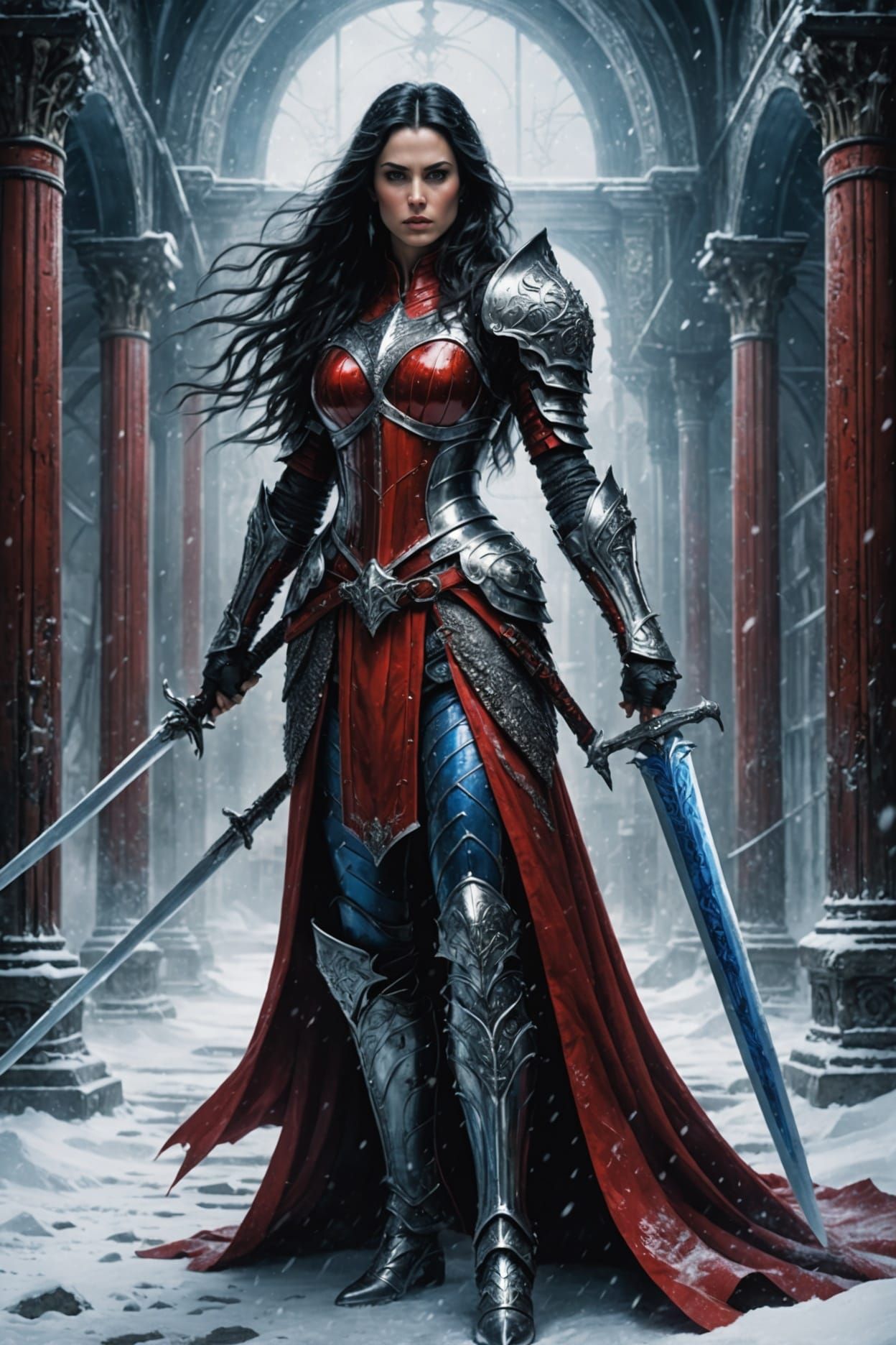 Woman in Red Armor with Sword, Digital Matte Painting