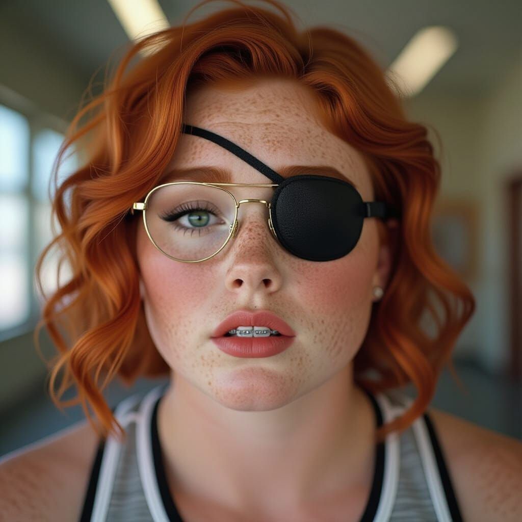 Redhead Girl with Freckles, Eyepatch, and Glasses in Sportsw...