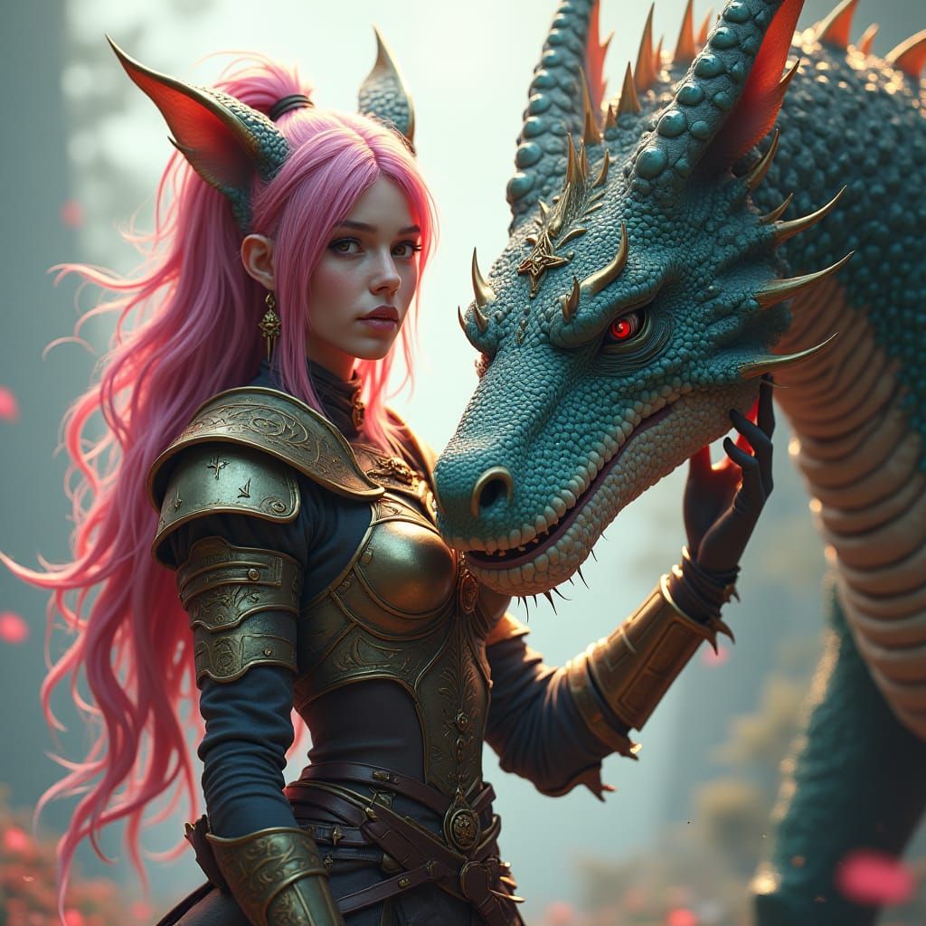 Pink-Haired Cat Warrior Petting Reptile in Armor
