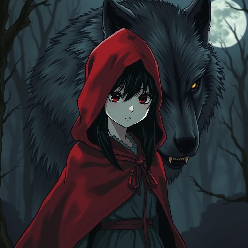 Dark Anime Red Riding Hood and Menacing Wolf
