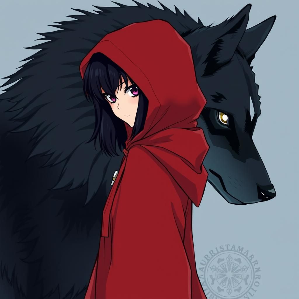 Anime Girl and Wolf in Manga Style