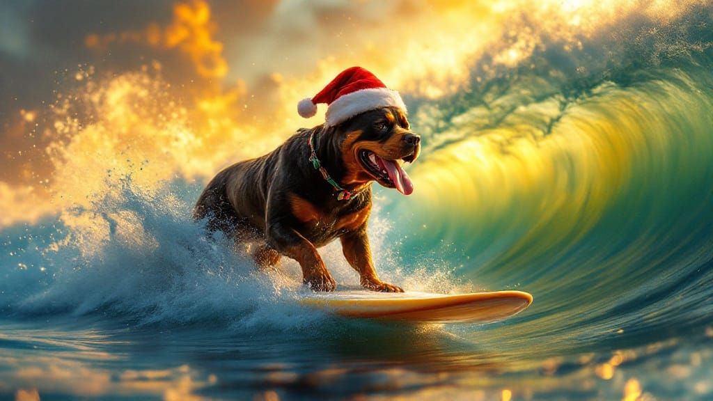 Majestic Rottweiler Rides Luminous Surfboard