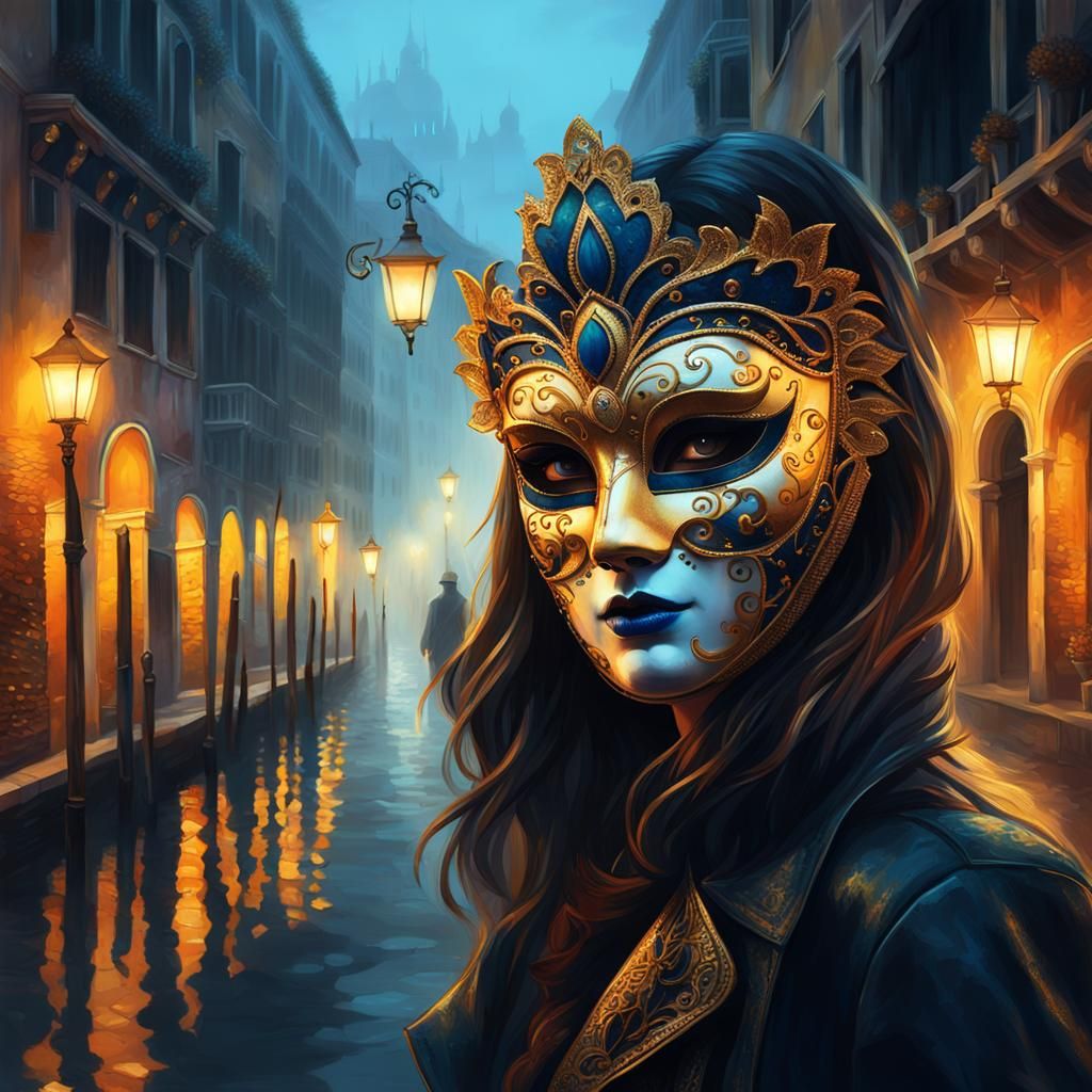 Venetian Masked Girl in Foggy Venice: Cinematic Still