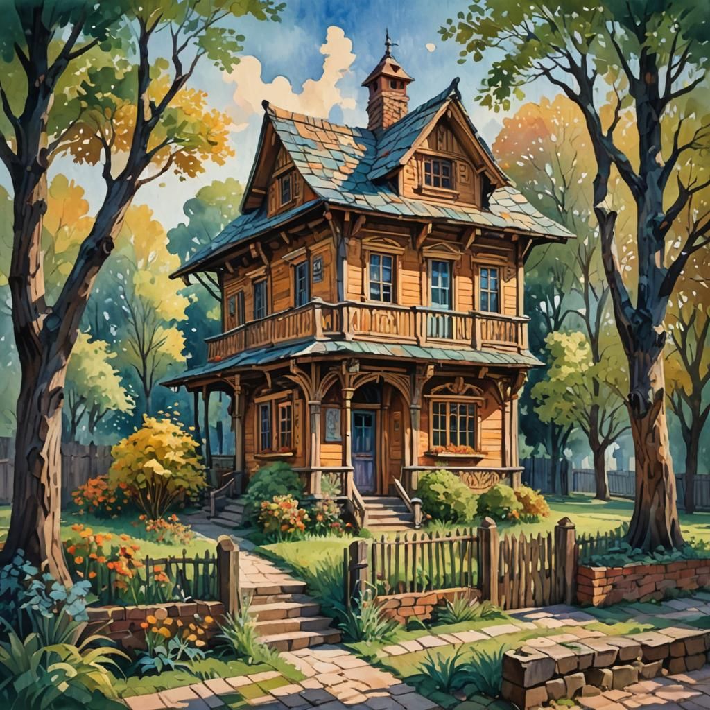 Wood Carving House in Gouache Style