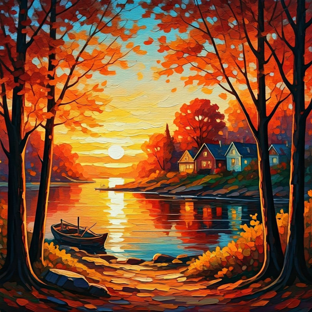 Autumn Sunset Over Lakeside Village: Impasto Painting