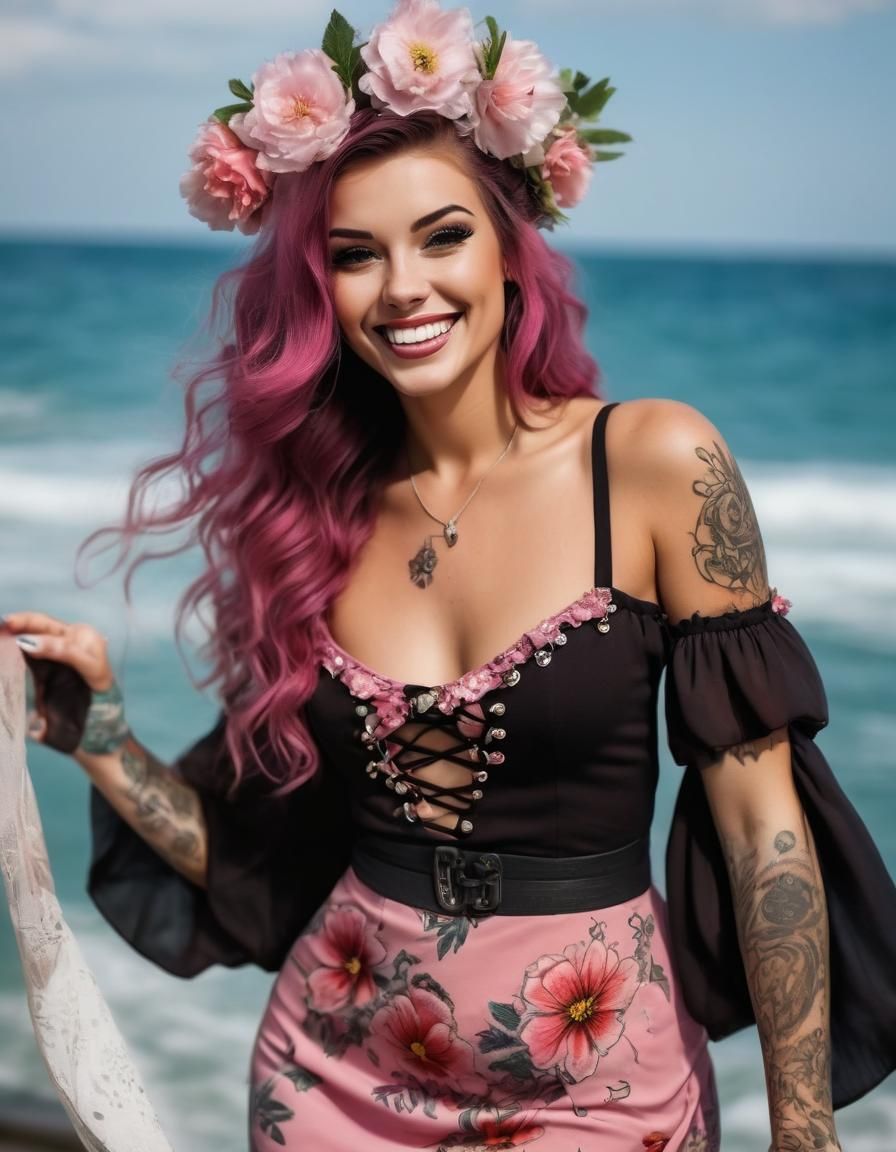 Beautiful Tattooed Pirate Girl in Pink Dress