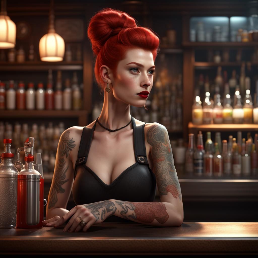 Redhead Barista with Tattoos, Detailed Matte Painting