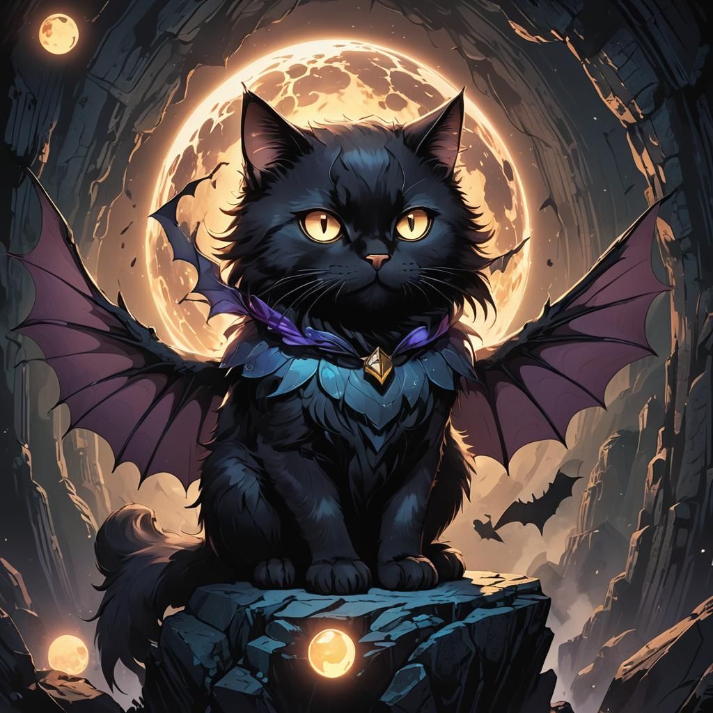 Anime Cat-Bat on Glowing Orb in Misty Cave