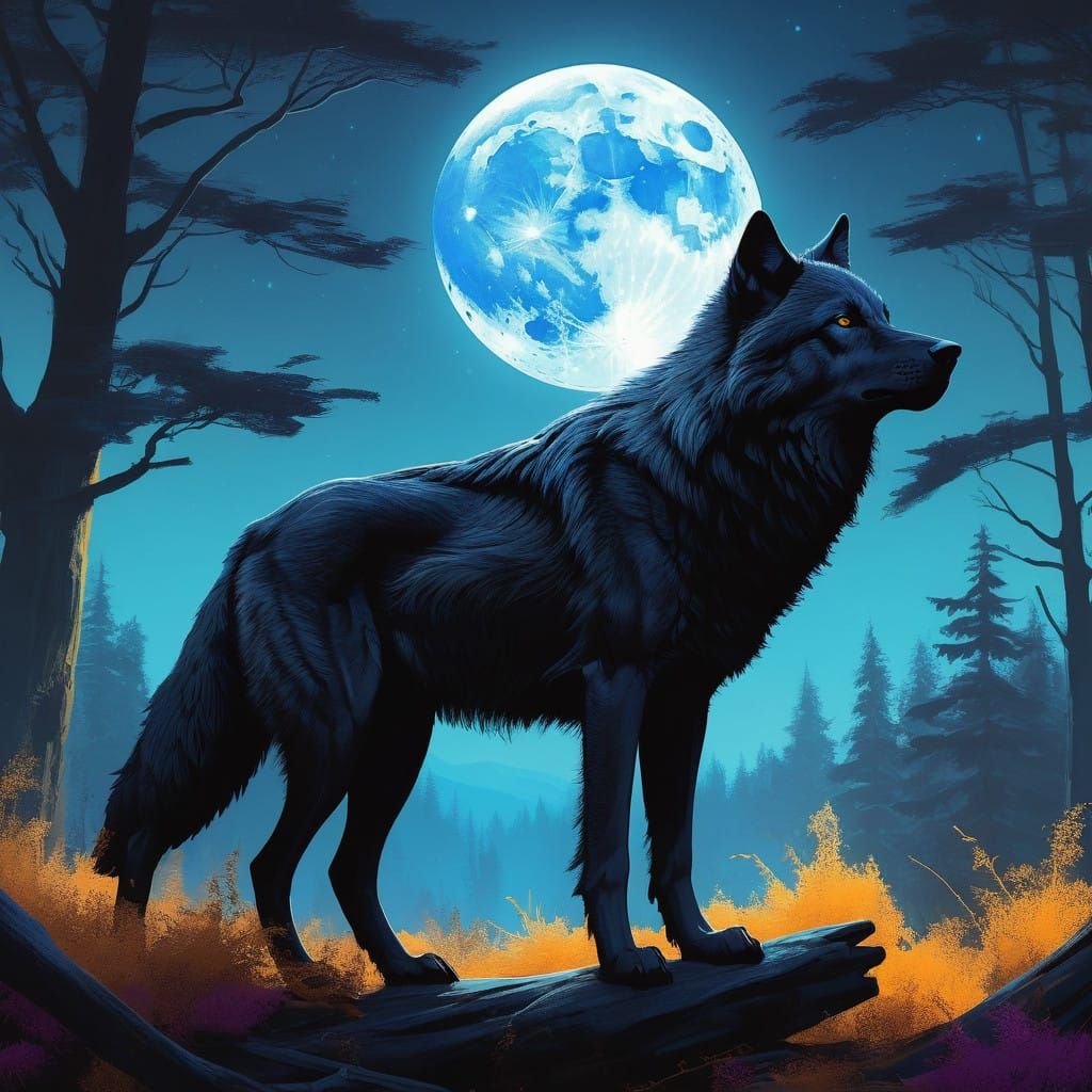 Majestic Black Wolf Under Full Moon in Fantastical Realism