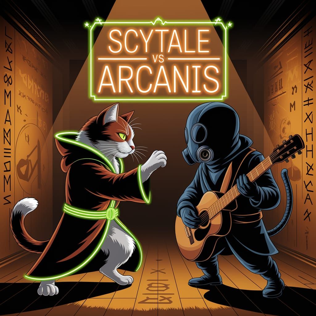 Mystical Feline Warrior Confronts Goggled Guitarist in Neon-...