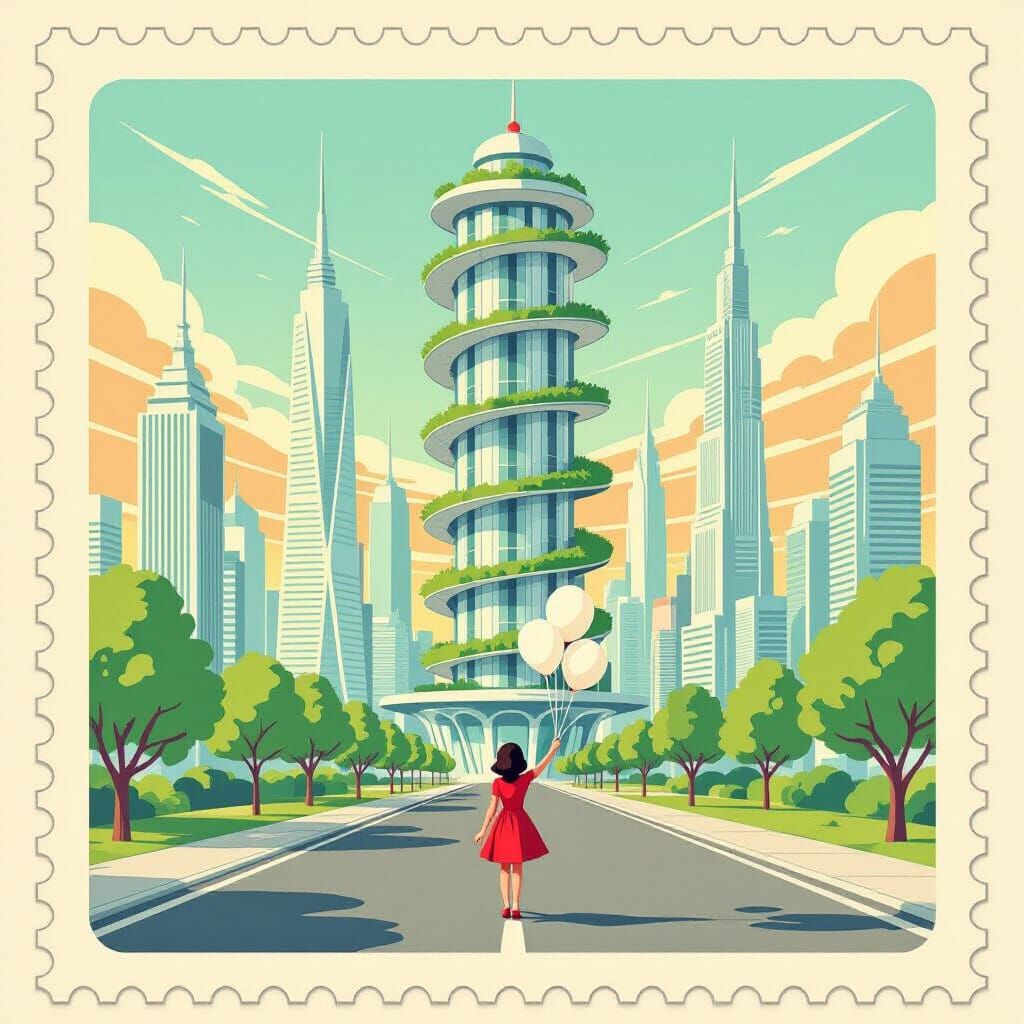 Retro Futurism Stamp: City of Future and Girl with Balloons