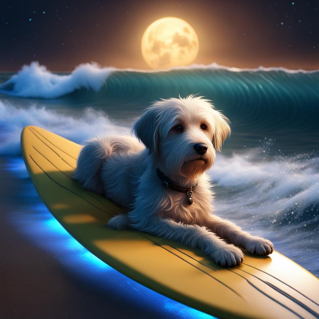 Dog Surfing Bioluminescent Wave at Night in 8K