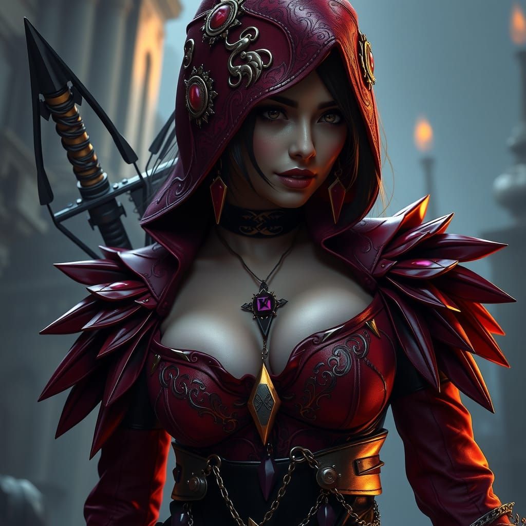 Voluptuous Assassin in Dark Fantasy Cyberpunk Style