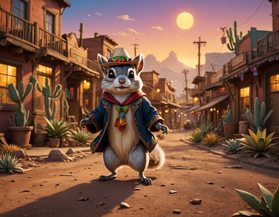 Sombrero Squirrel in Wild West: Pixar-Style 3D Art