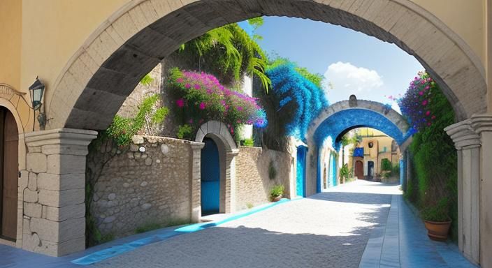 Italian Street Scene with Bougainvillea