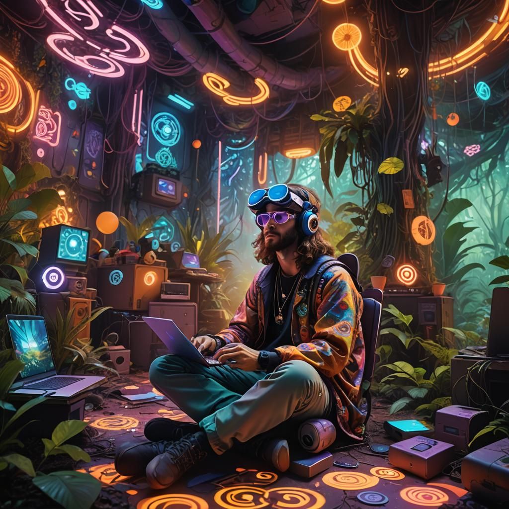 Psychedelic Hippie Hacker in Neon Jungle Hideout