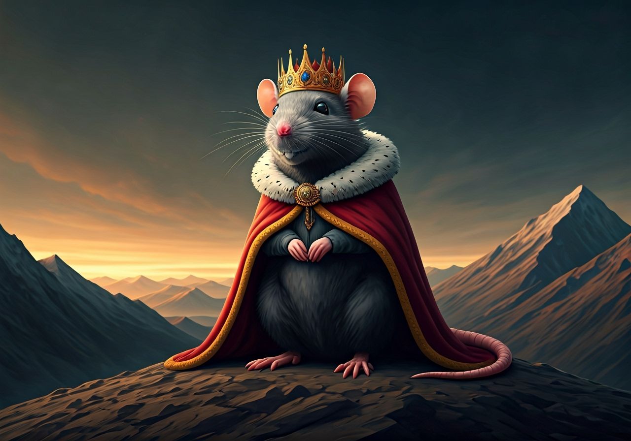 Victorious Anthropomorphic Rat King on Mountain Summit