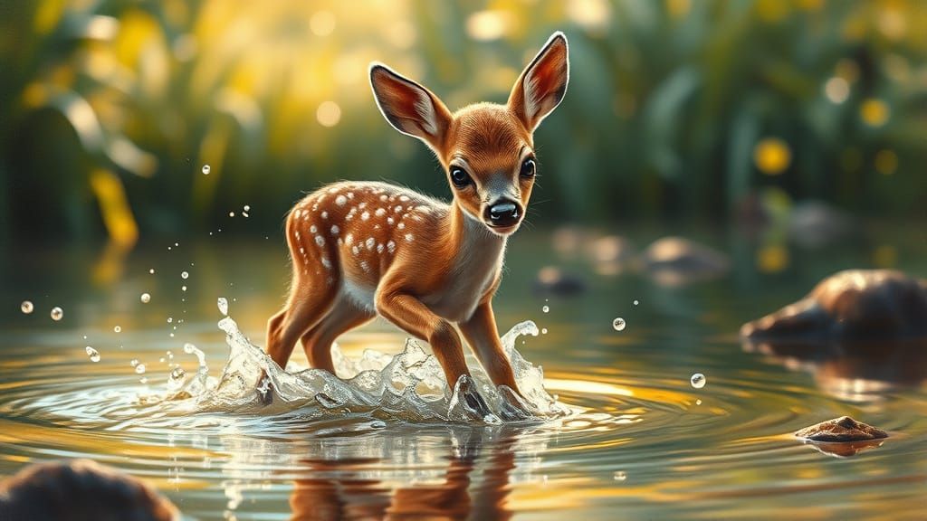 Fawn's First Splash: A Vintage Oil Painting