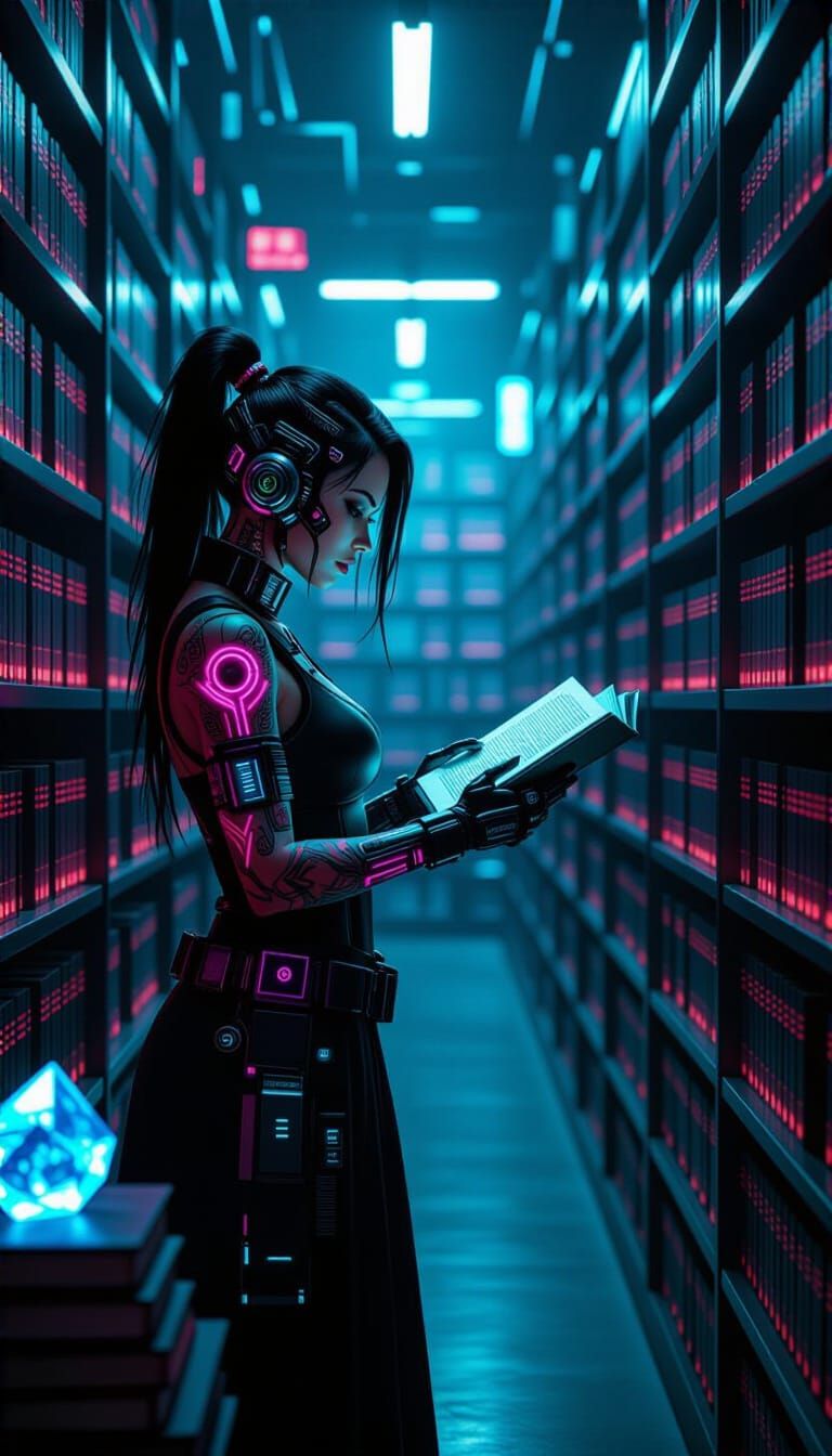 Cyberpunk Librarian Organizing Holographic Books
