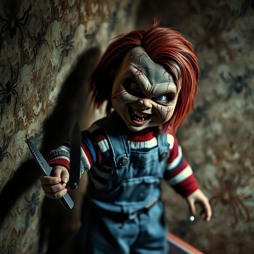 A creepy Chucky doll with many scars, scary eyes