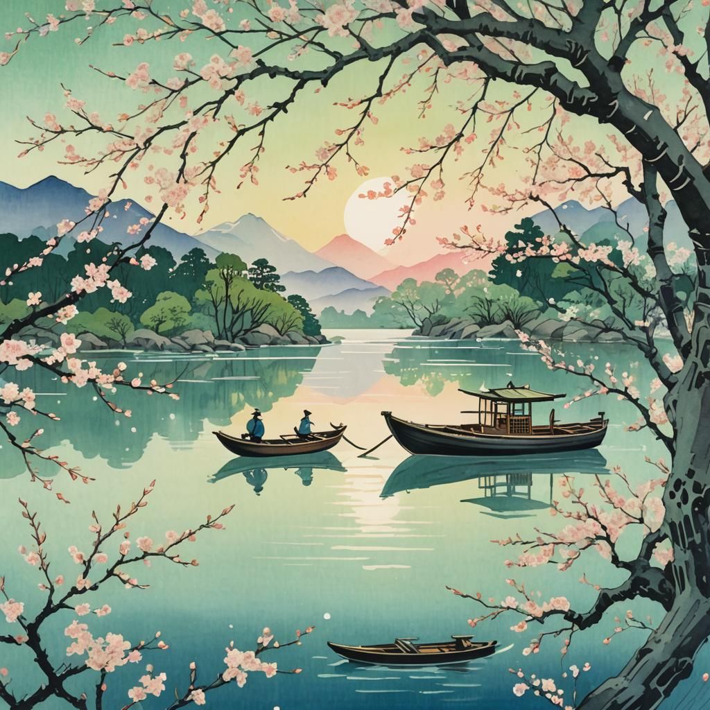 Boat on Serene Lake in Ukiyo-e Style