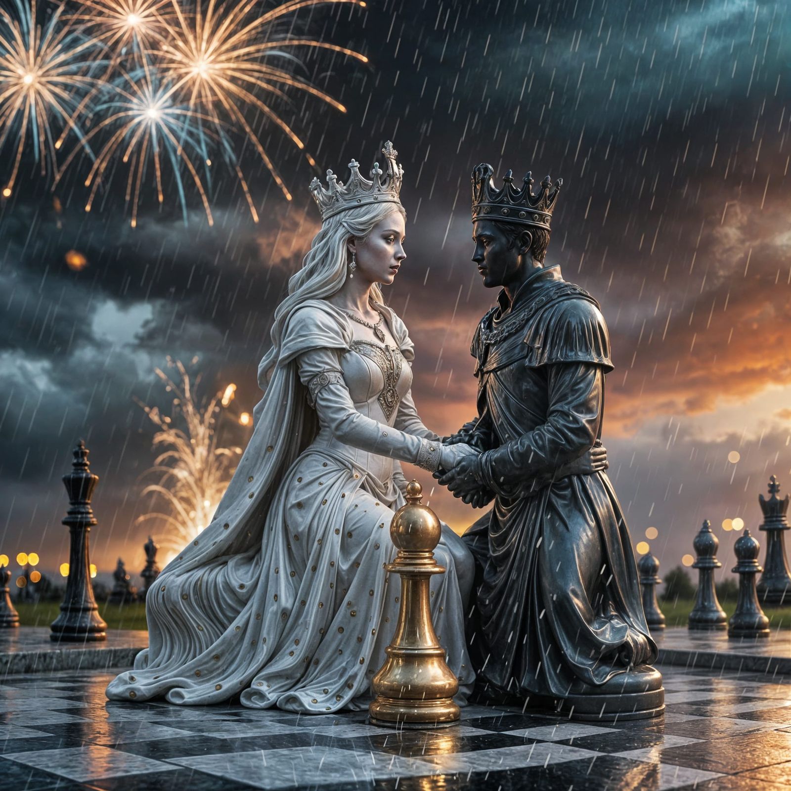 Chess Queen and King Embrace in Fireworks Rain