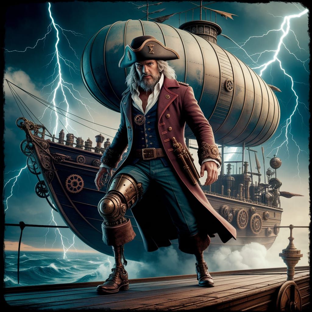Steampunk Pirate Captain on Airship During Storm