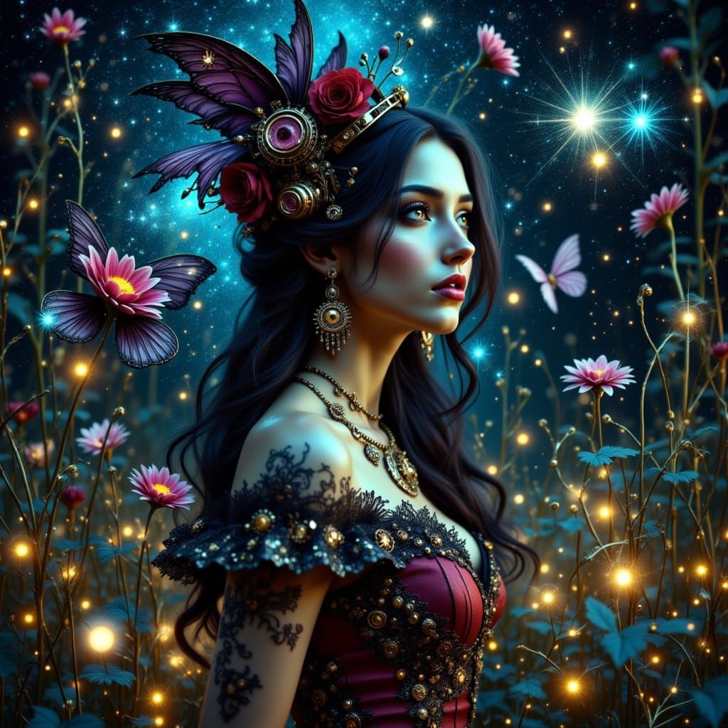 Steampunk Woman Gazes at Starry Night Sky