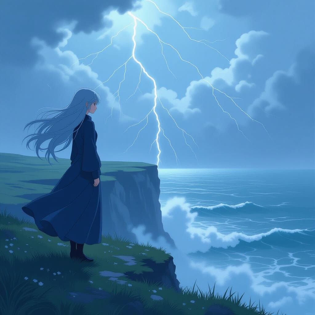 Anime Woman Overlooking Stormy Sea in Painterly Style