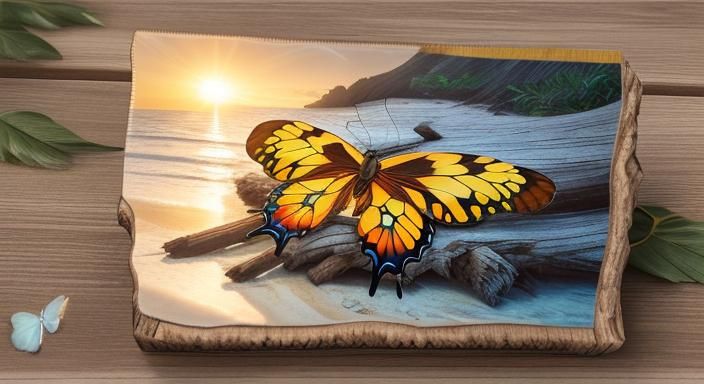 Mosaic Butterfly at Beach Sunrise in 8K HDR