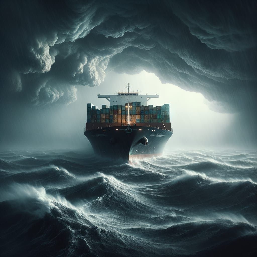 Container Ship Versus Raging Storm in Open Ocean