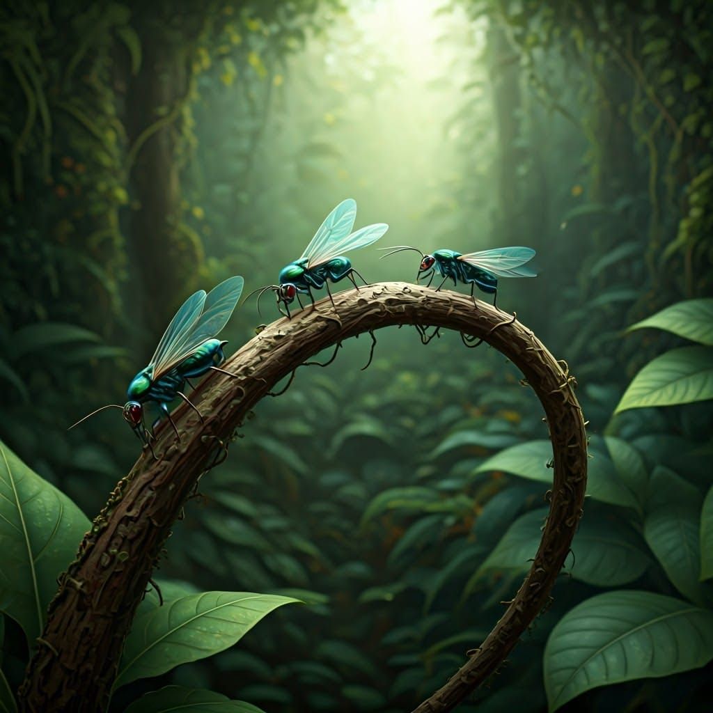 Iridescent Winged Ants in Emerald Forest, Naturalistic Style