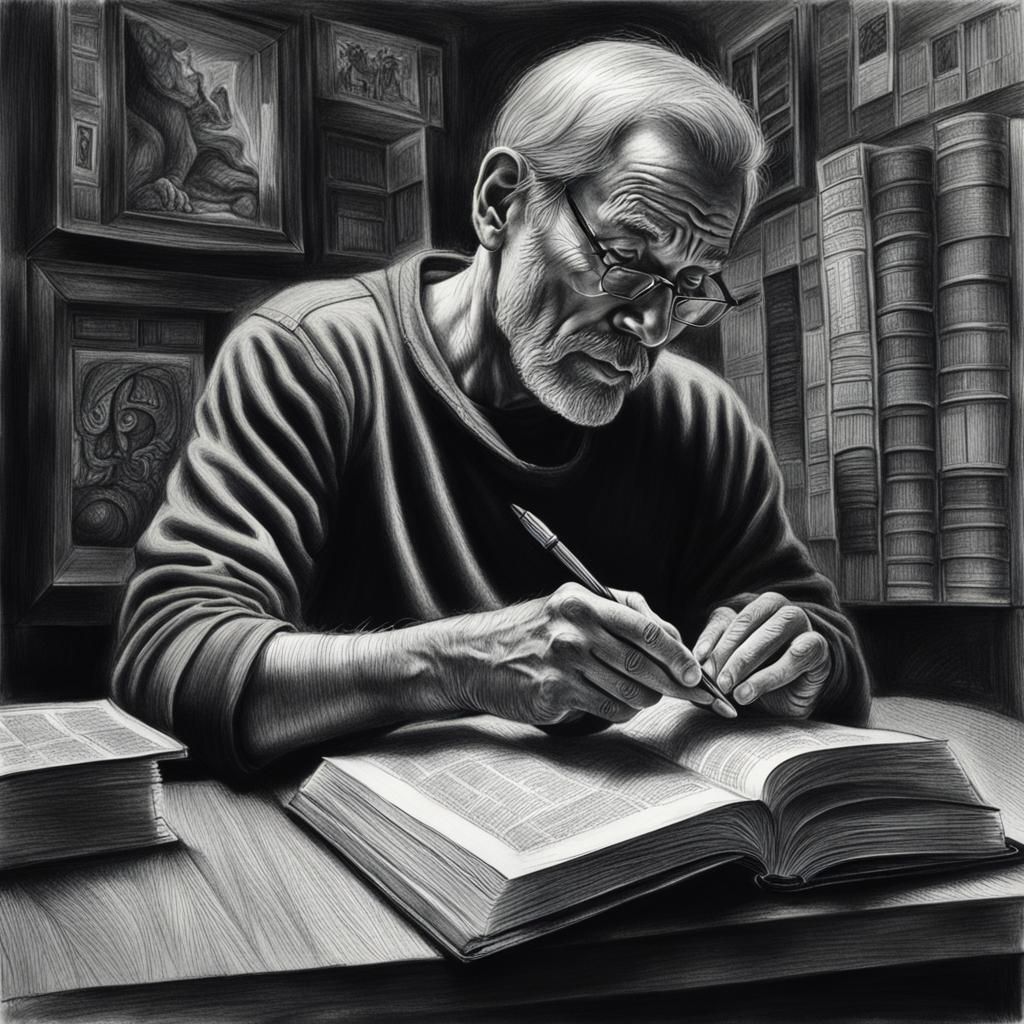 Hyperdetailed Charcoal Drawing of a Reading Man