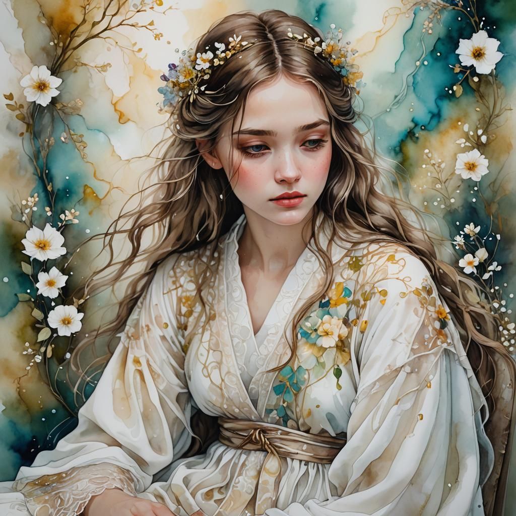 Ethereal Teenage Girl Portrait in Alcohol Ink