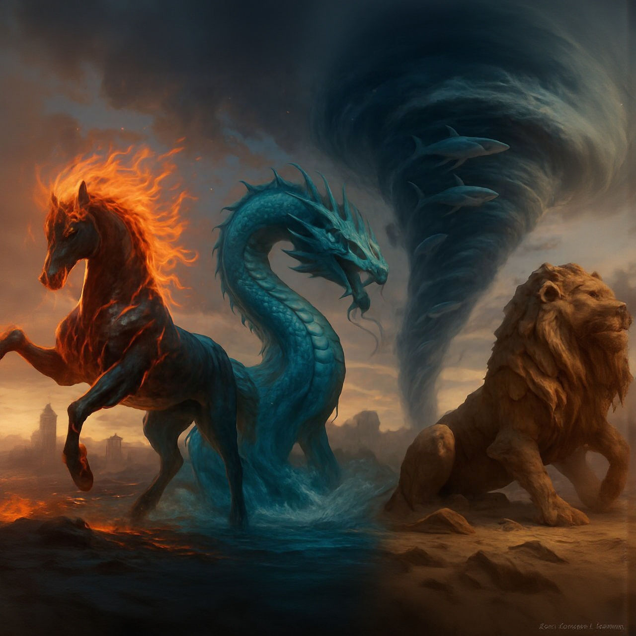 Elemental Deity: Fire Horse, Water Dragon, Tornado