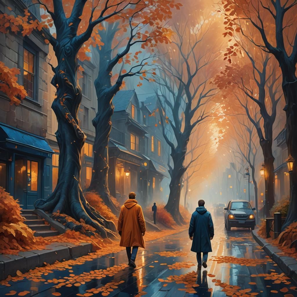 Mystical Autumn Street in Art Nouveau Oil Painting
