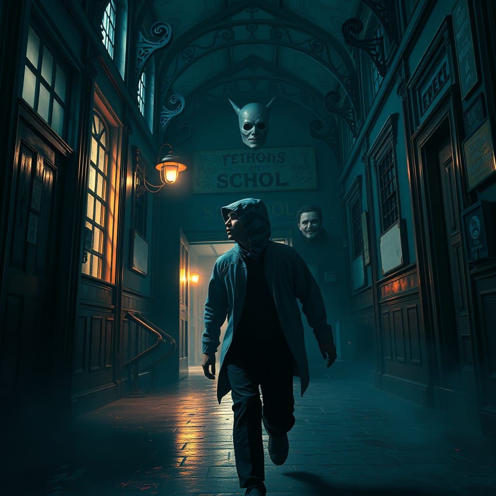 Terrified Student Pursued by Masked Murderer in Gothic Schoo...
