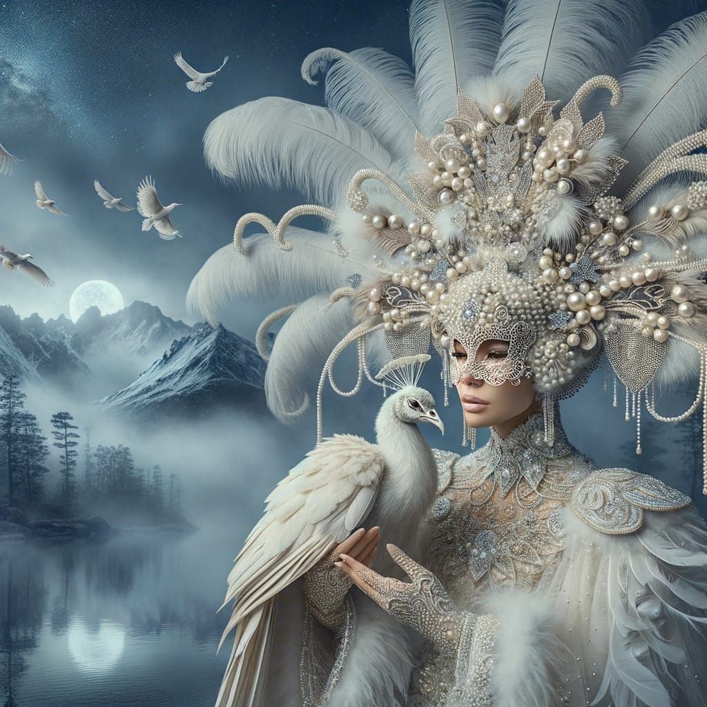 Mystical Snow Peacock Queen in Digital Matte Painting