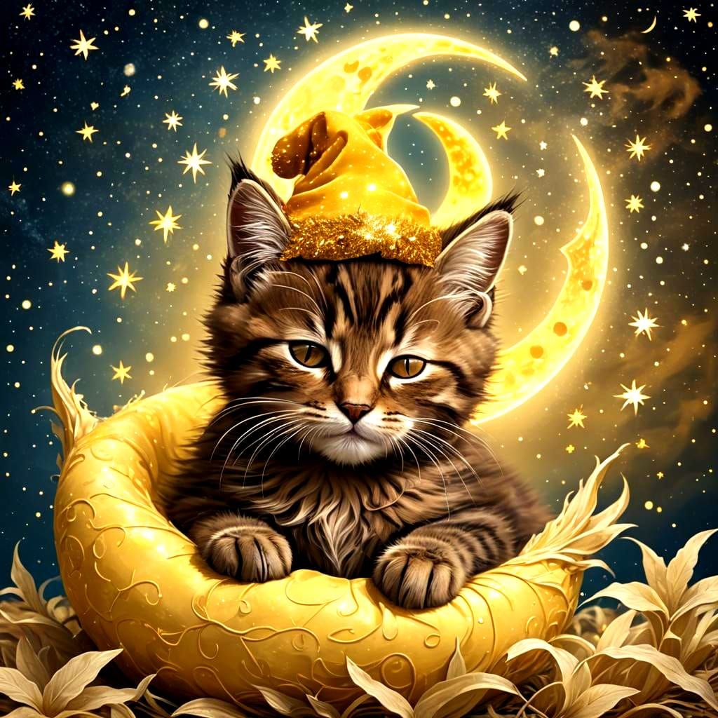 Cute Kitten Sleeping on Bioluminescent Moon