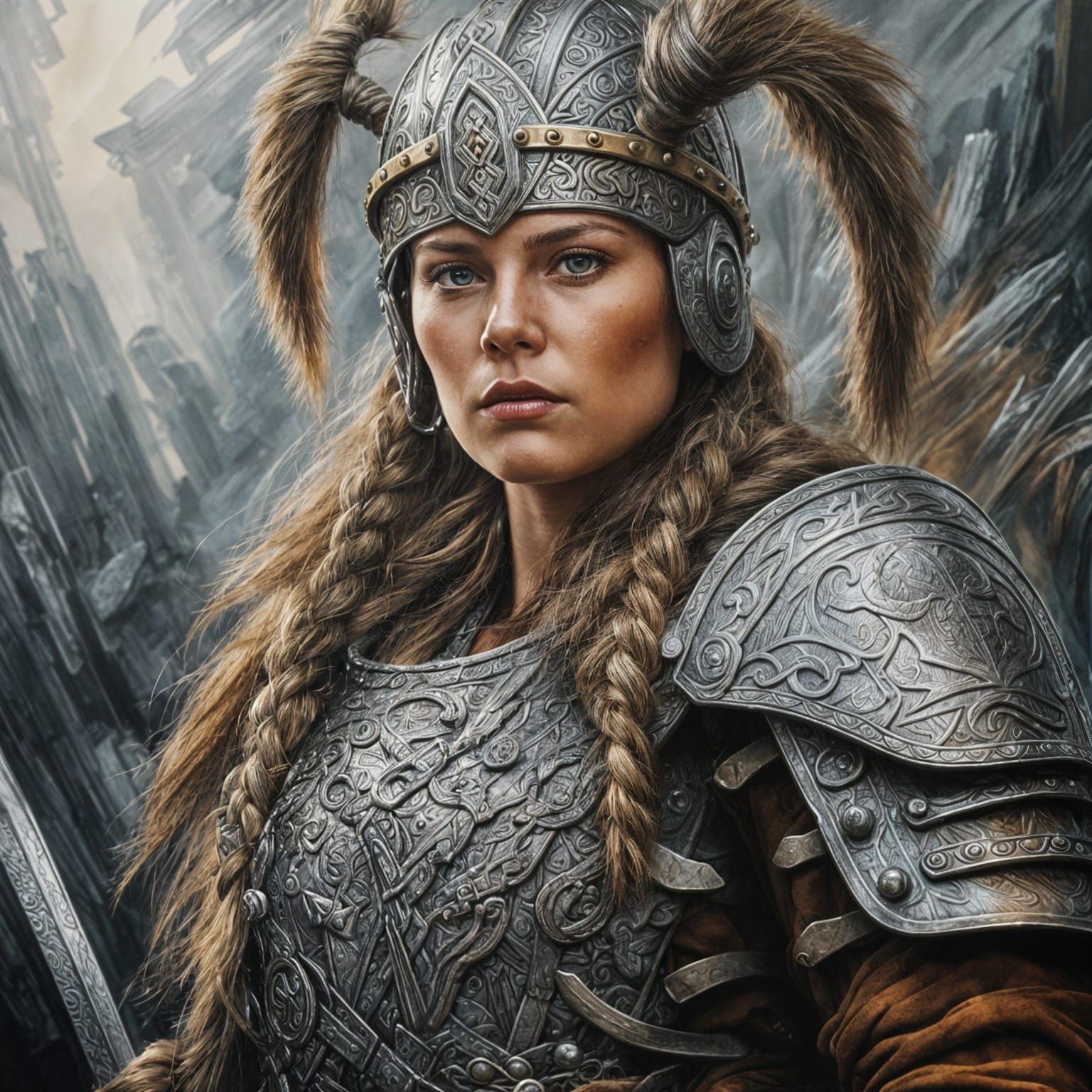 Viking Shieldmaiden Portrait in Gouache Style