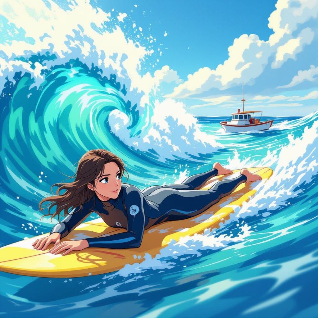 Giant Surfer in Ocean, Cel-Shaded Anime Style