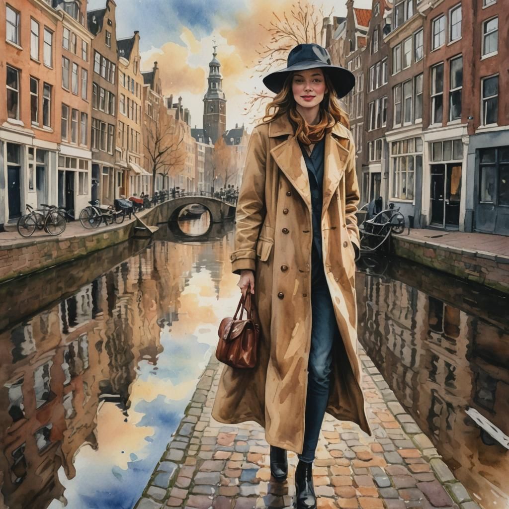 Amsterdam Canal Scene in Watercolor Style