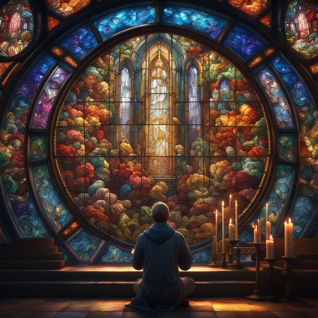 Vibrant Stained Glass Praying Hands in Fantasy Art Style