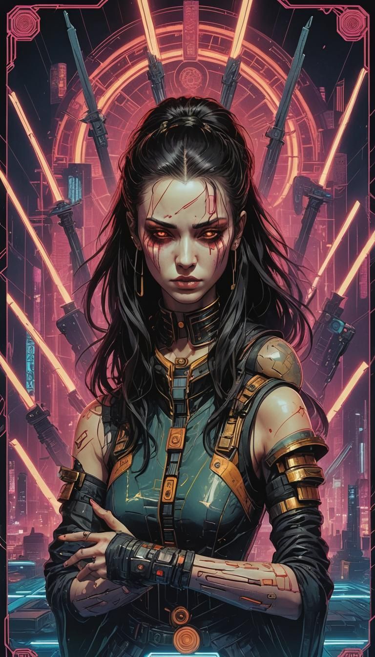 Eight of Swords Tarot in Cyberpunk 2099 Style