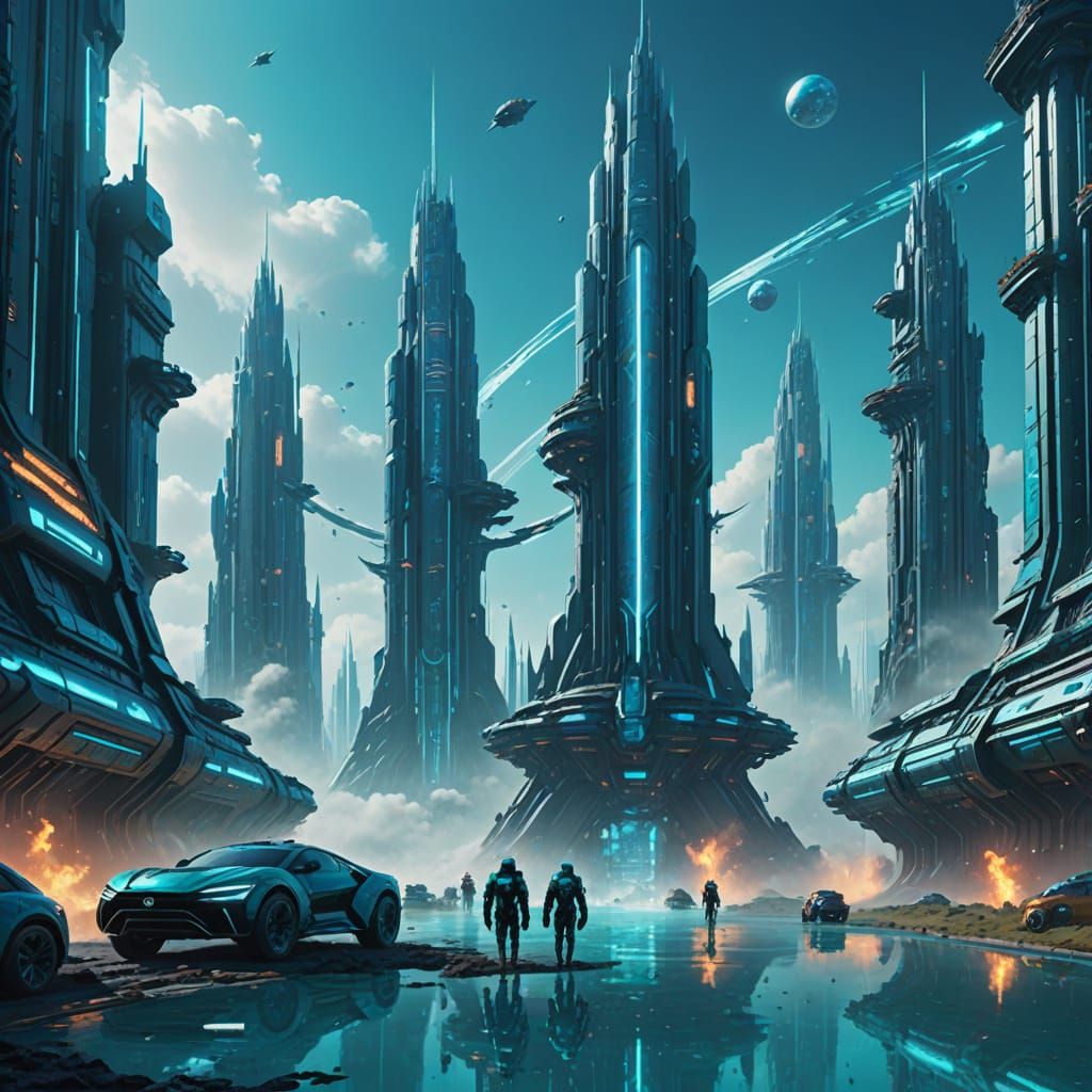 Futuristic Cityscape with Turquoise Water in Digital Matte P...