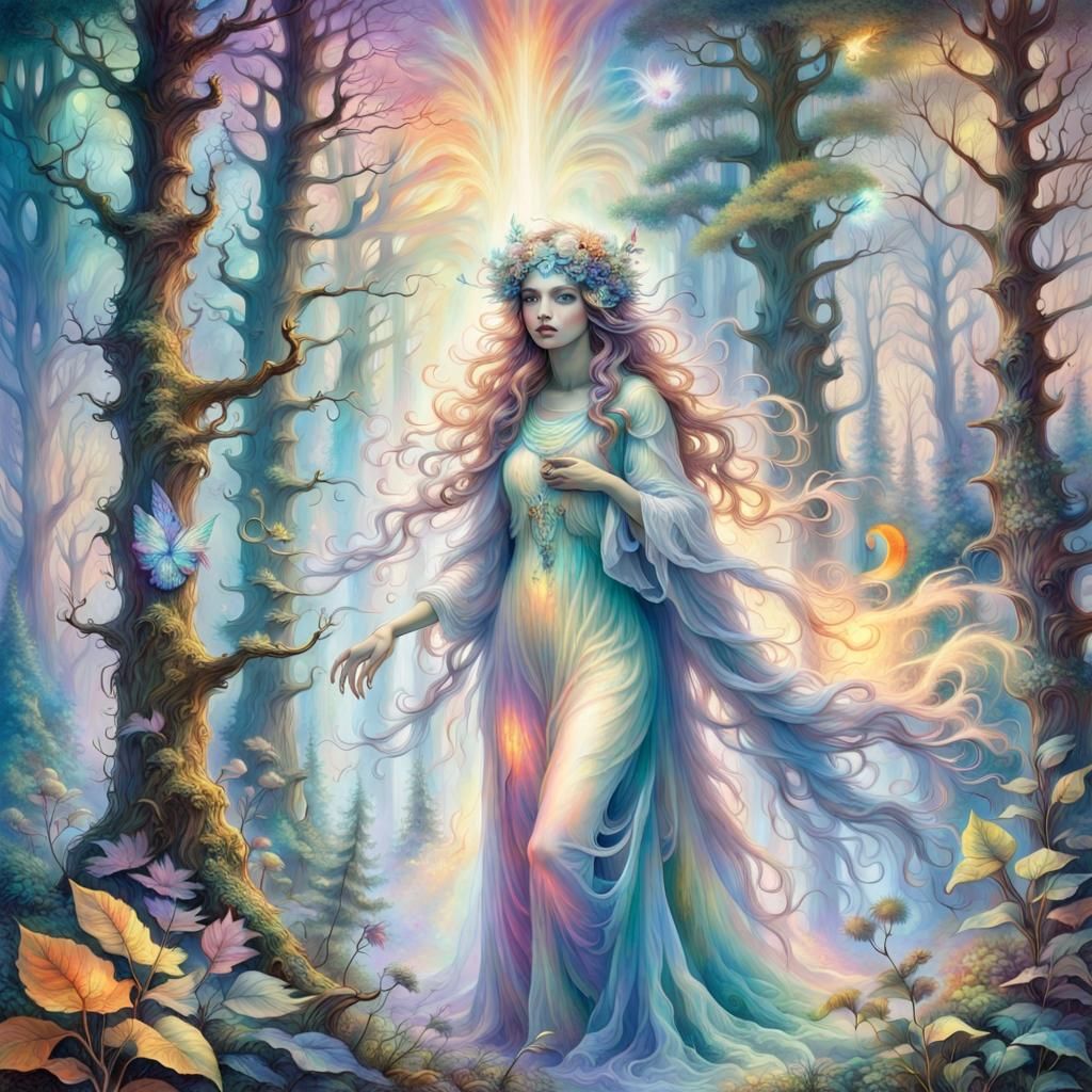 Ethereal Holographic Forest Spirit in Visionary Style