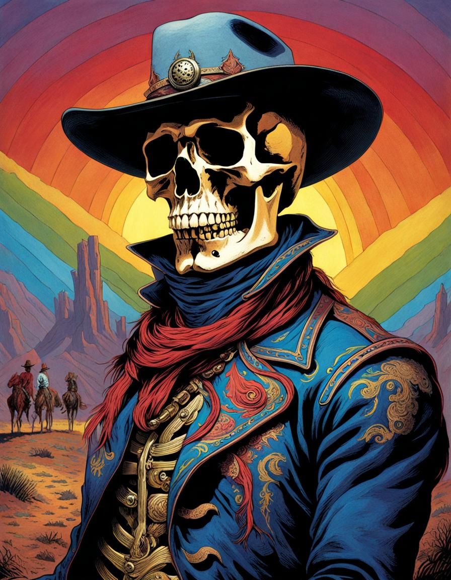 Rainbow Skeleton Cowboy in Dark Fantasy Style