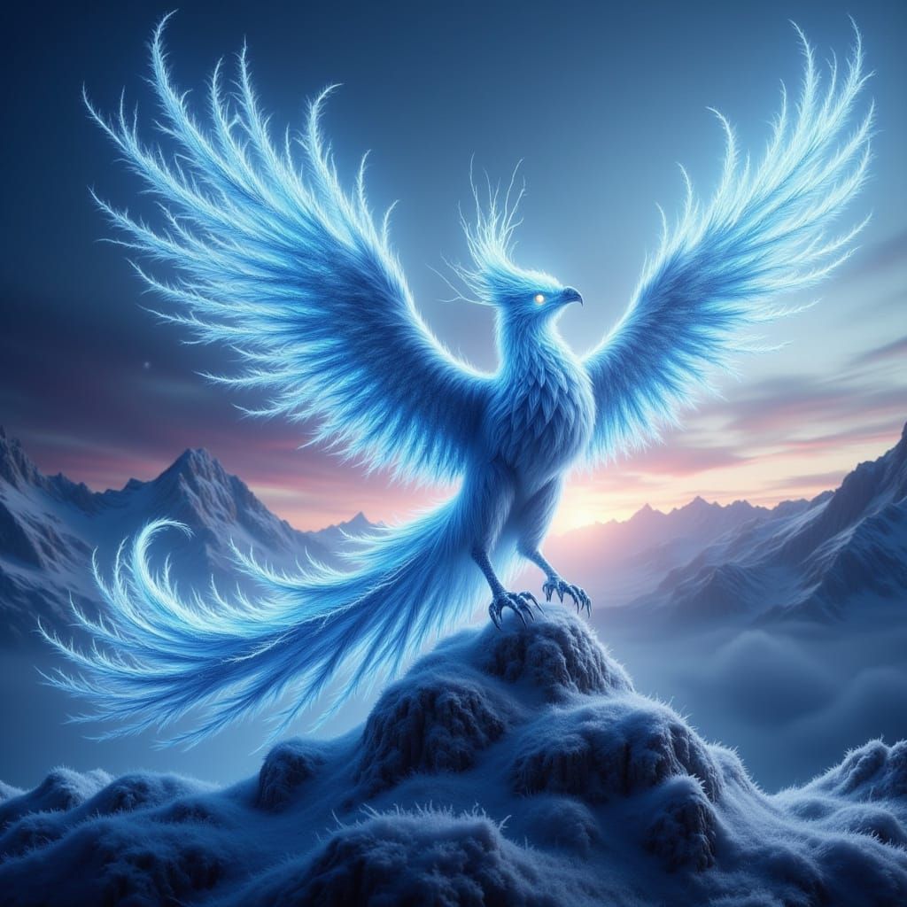 Ice Phoenix with Electric Blue Fire at Dusk