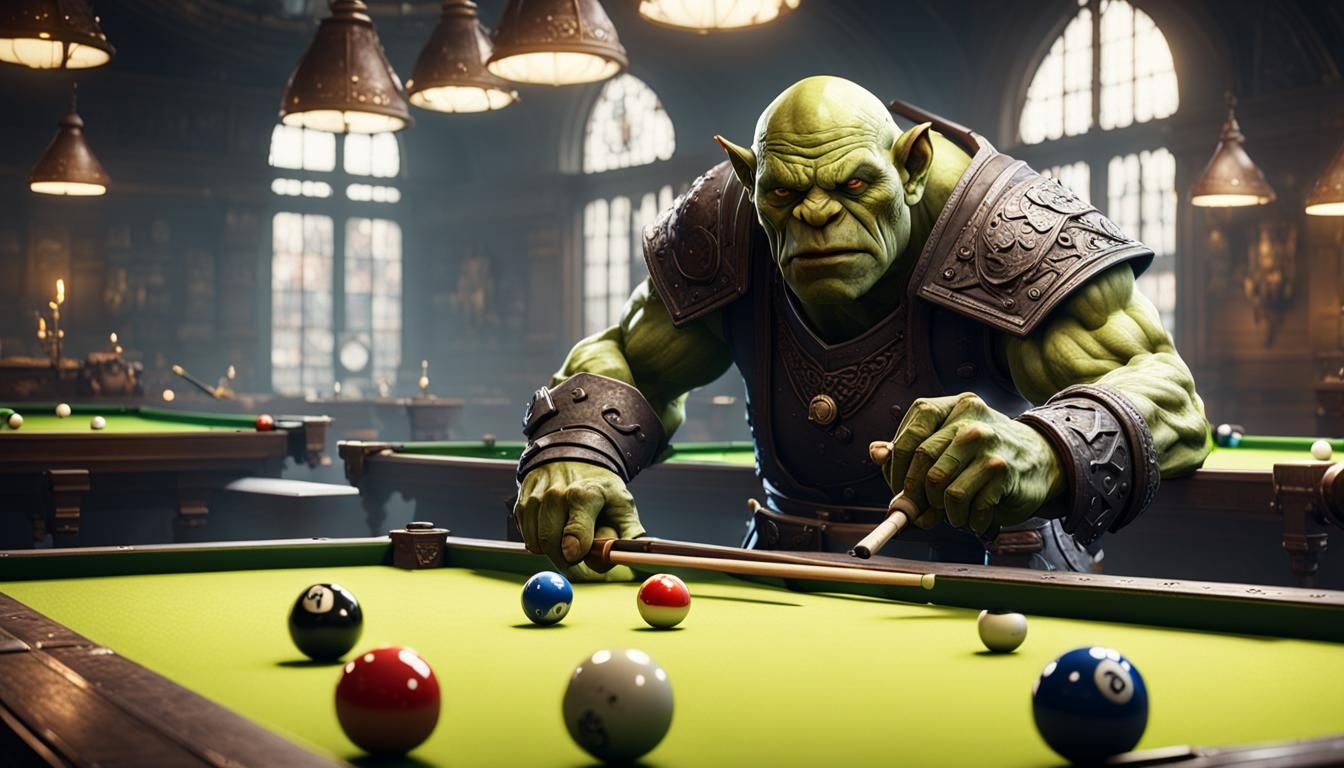 Orc Playing Billiards in 3D Game Style