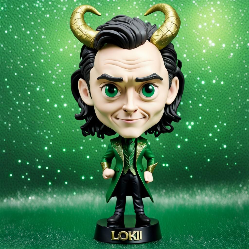 Loki Bobblehead with Horns on Green Background
